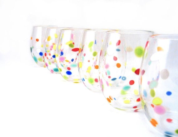 Blown Glass Tumbler Set  Retro Bright Polka Dot Juice Glasses Fun Whimsical