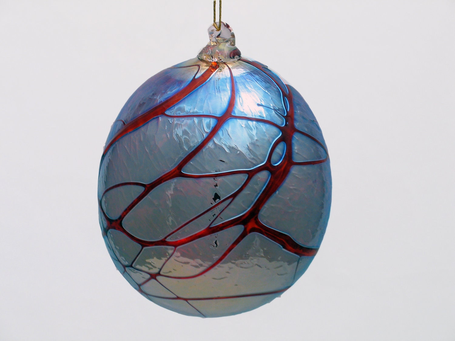 Blown Glass Ornament Suncatcher Ball Orb Metallic Silver Red