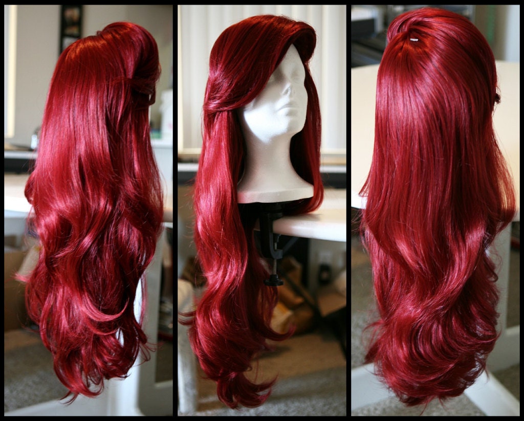 MERMAID/VIXEN WIG, Red Wig with Thick Swoop Bangs and Beautiful Full Waves: One of a Kind High Quality Wig designed by Traci Hines