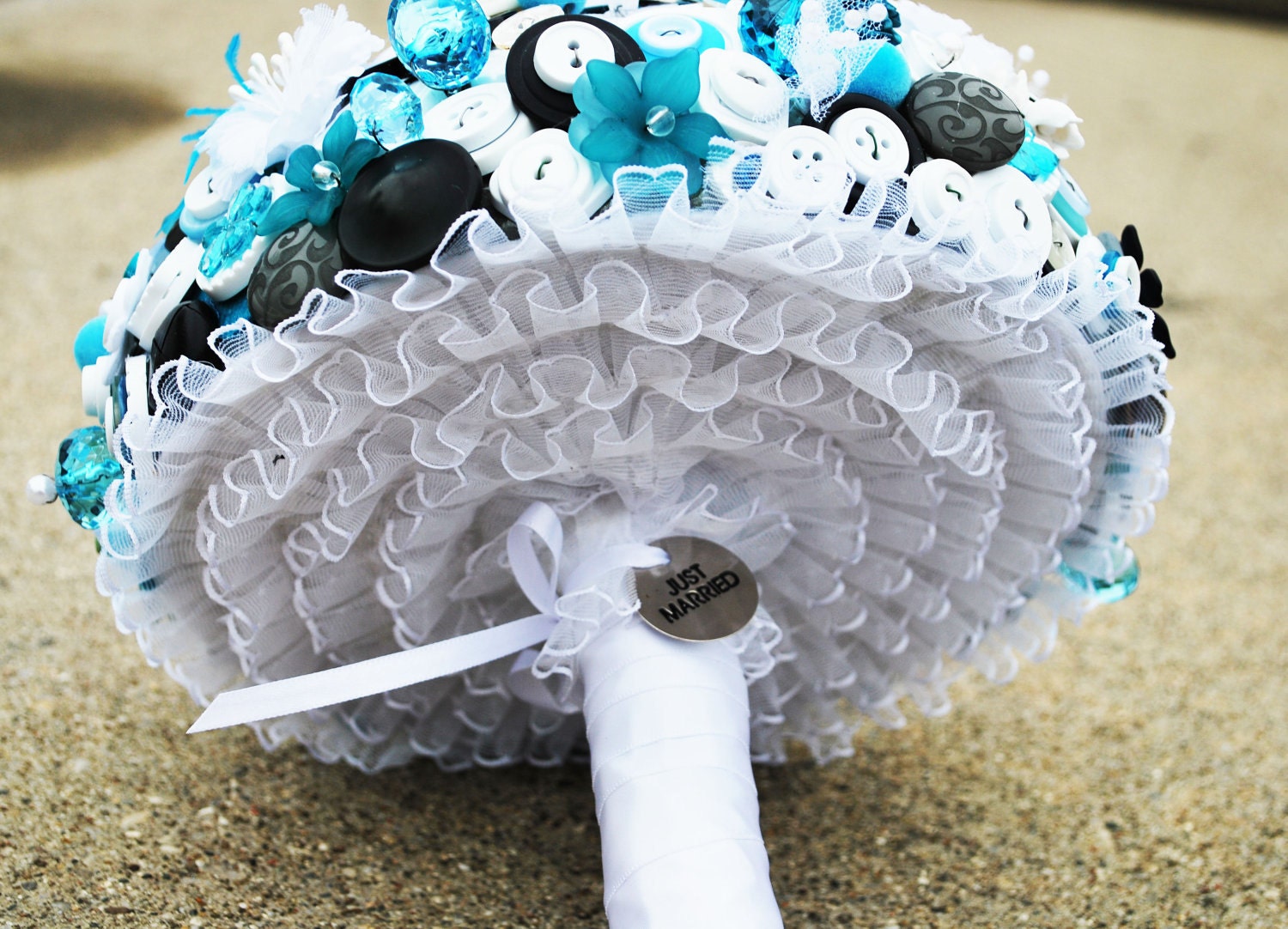 Stunning Aqua White Silver Black Button Broach CUSTOM Wedding Bouquet- DEPOSIT