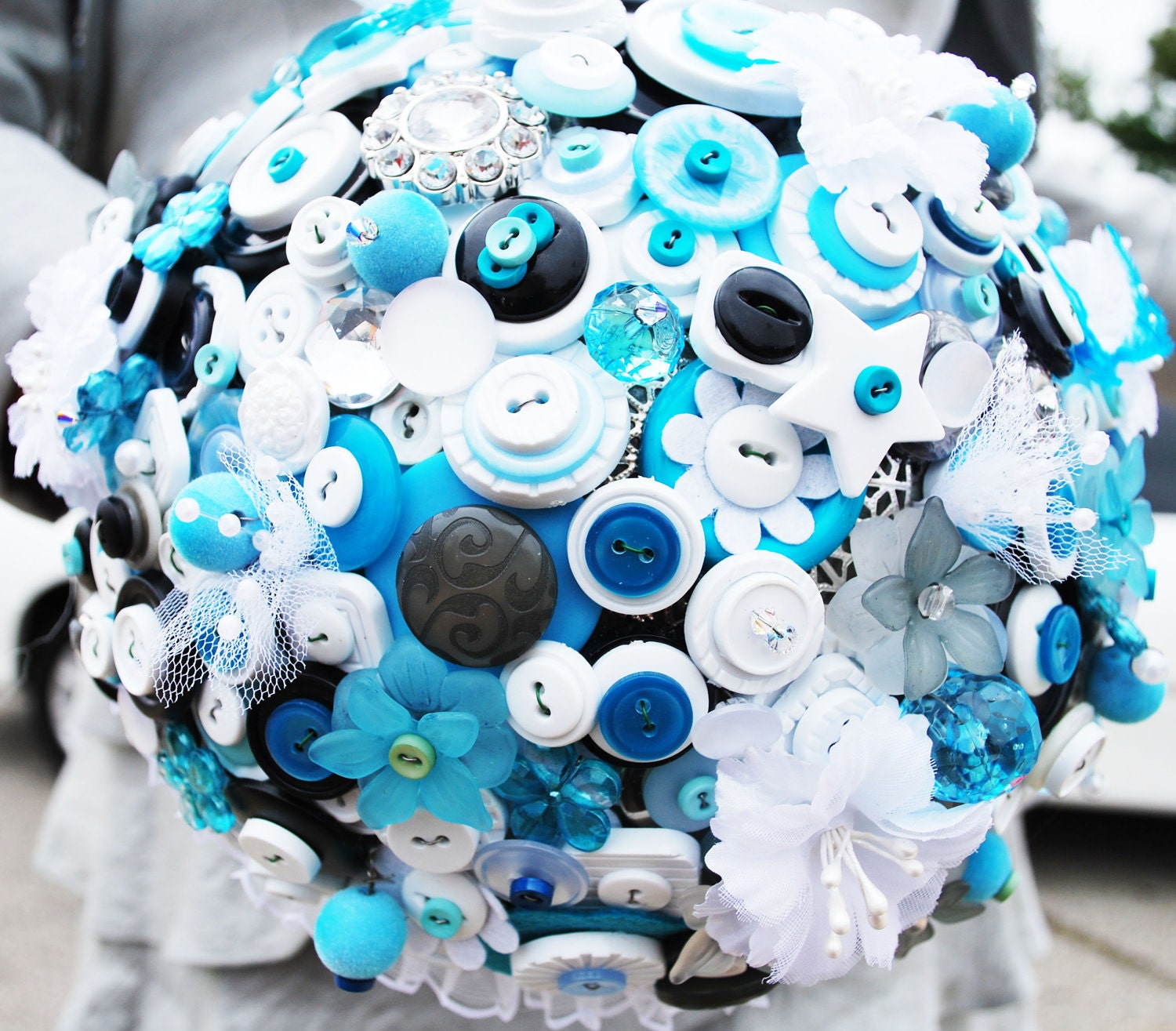 Stunning Aqua White Silver Black Button Broach CUSTOM Wedding Bouquet- DEPOSIT