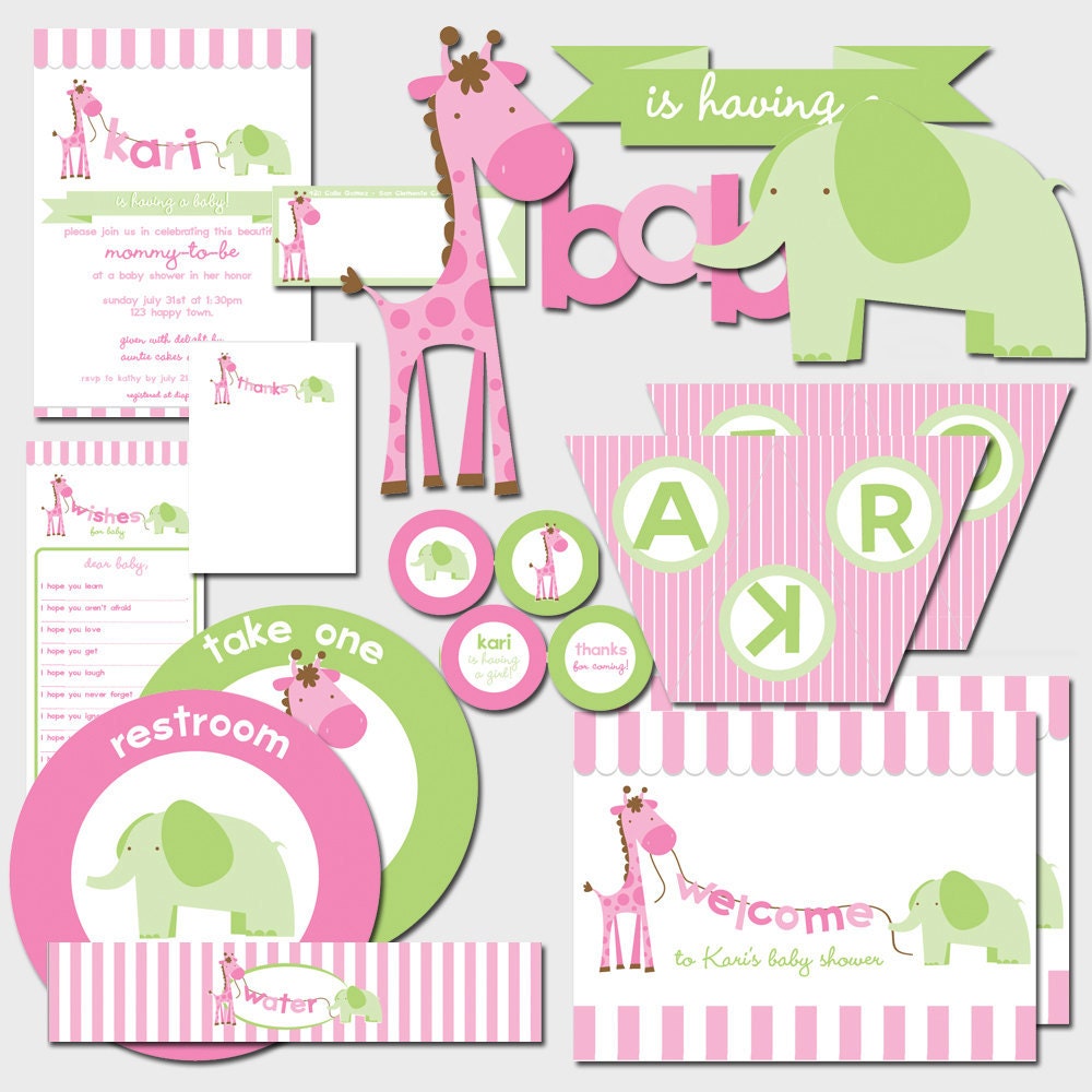 FULL PRINTABLE COLLECTION - Giraffe & Elephant Baby Shower / Pink Green Baby Shower - CakesLikesAParty