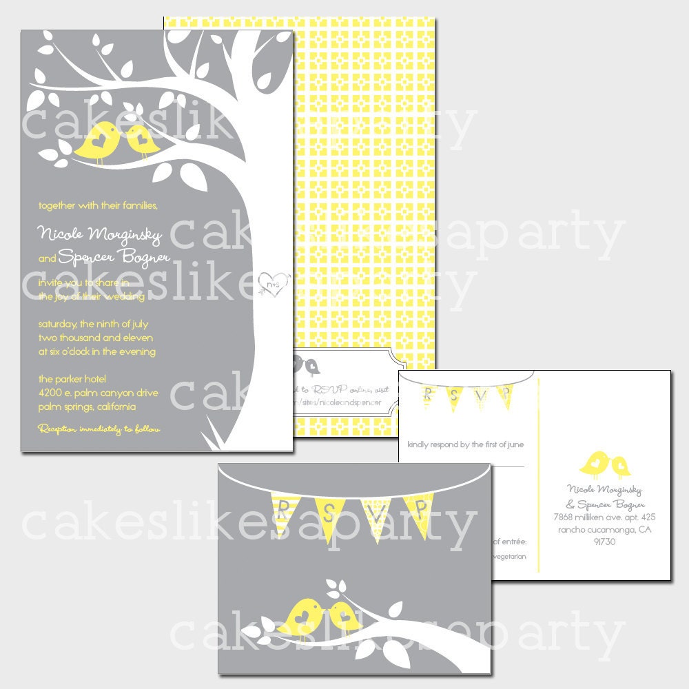 Printable Wedding Invitations - Grey & Yellow Birds - Cakes Likes A Party