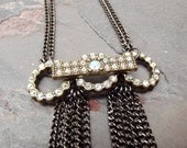 Double Strand Necklace:  Art Deco Rhinestone Circle Jewelry, Long Gunmetal Chain Fringe Tassel Statement Necklace