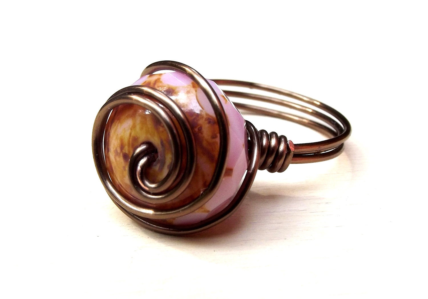 Pink and Brown Ring:  Antiqued Brass Wire Wrapped Swirl Ring, Blush Soft Rose Opal, Size 8, Custom Size