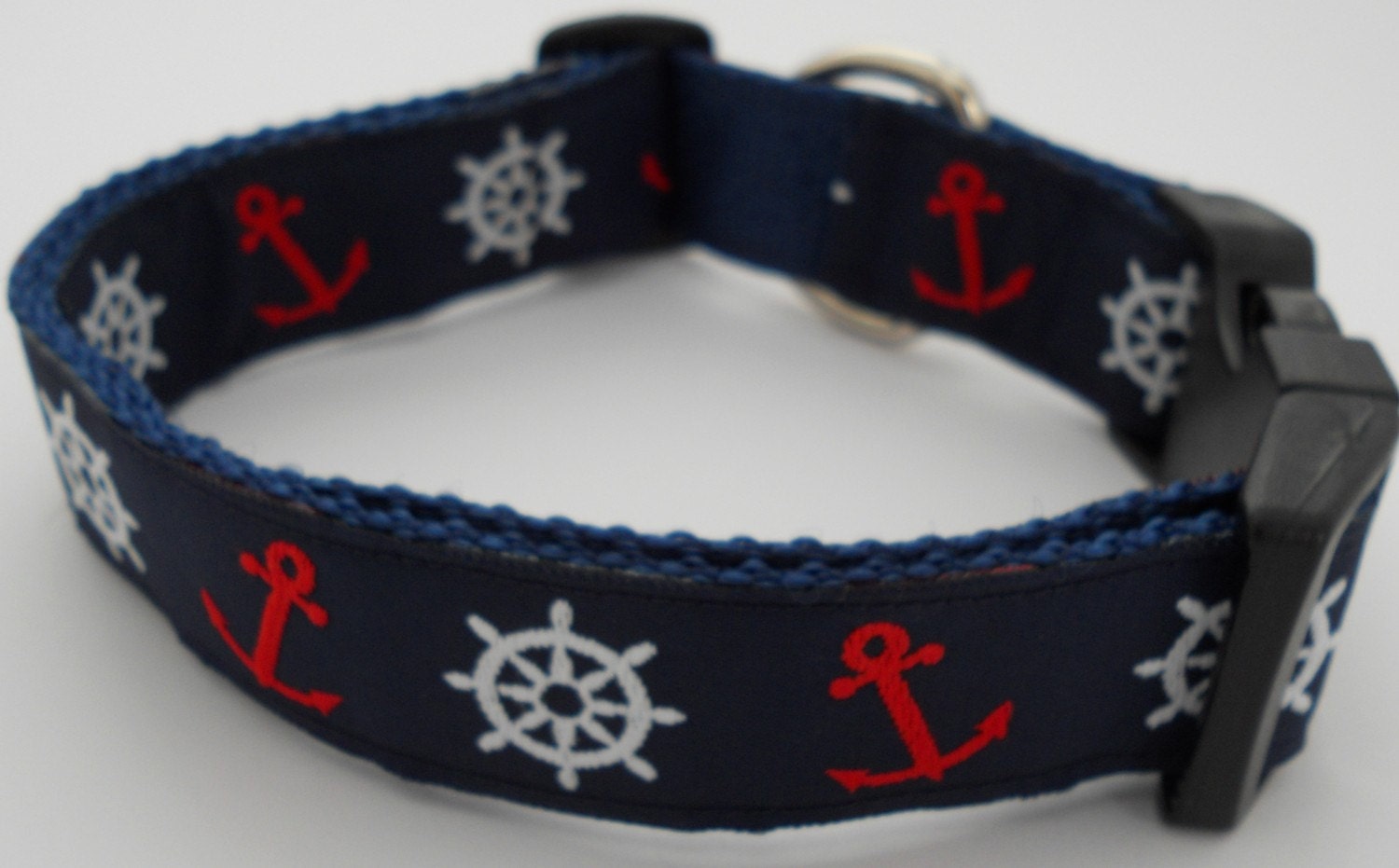 Nautical  Dog Collar - Anchors and Ships Wheels on Navy