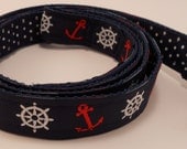 Nautical Dog Leash - 5 ft - Anchors and Ships Wheels with Navy Swiss Dots