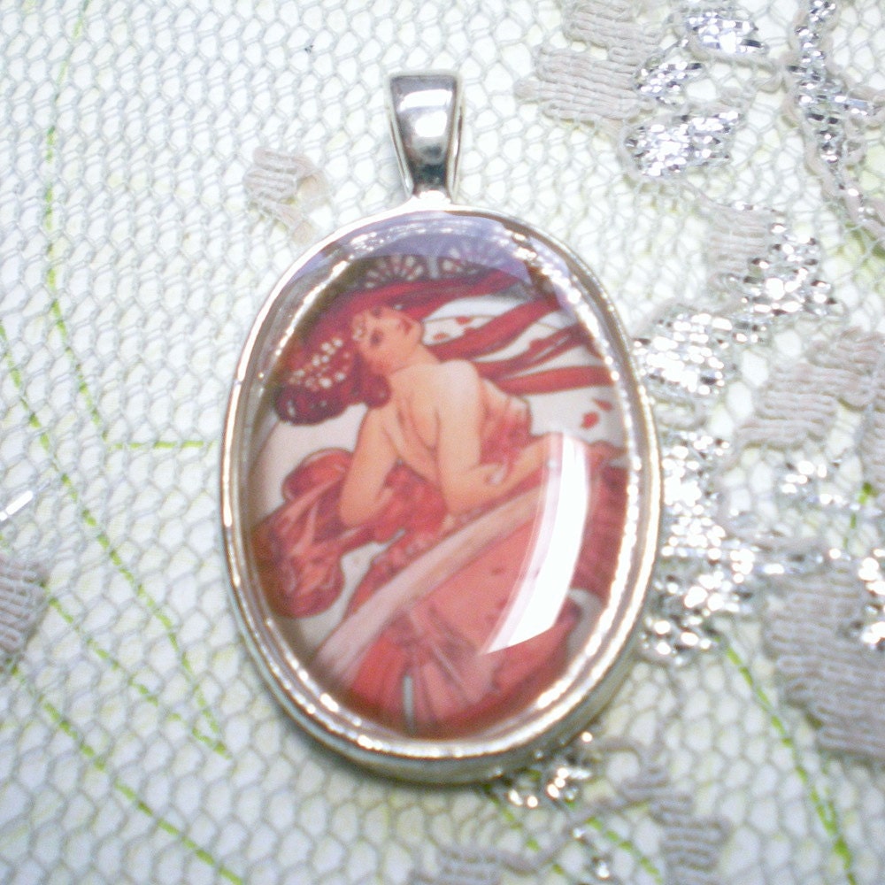 Mucha Glass Dome Pendant,  Altered Art Pendant, Mucha Dance Pendant, Mucha Jewelry
