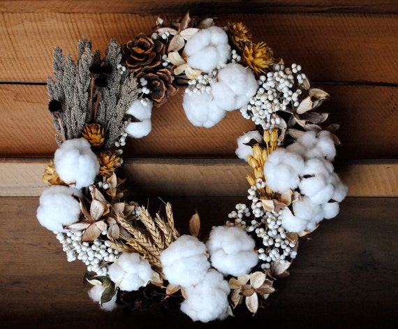 Mixed Cotton Boll Wreath - Natural Cotton - Raw Cotton - Dried Floral - Centerpiece - Candle Ring - Wedding - Home Decor - 18"