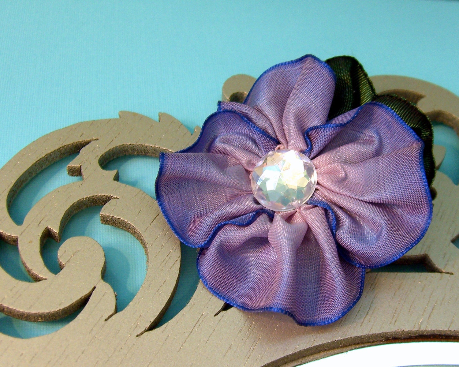 Flower hair clip in pale purple with clear square accent bead. Handmade. Shabby chic.