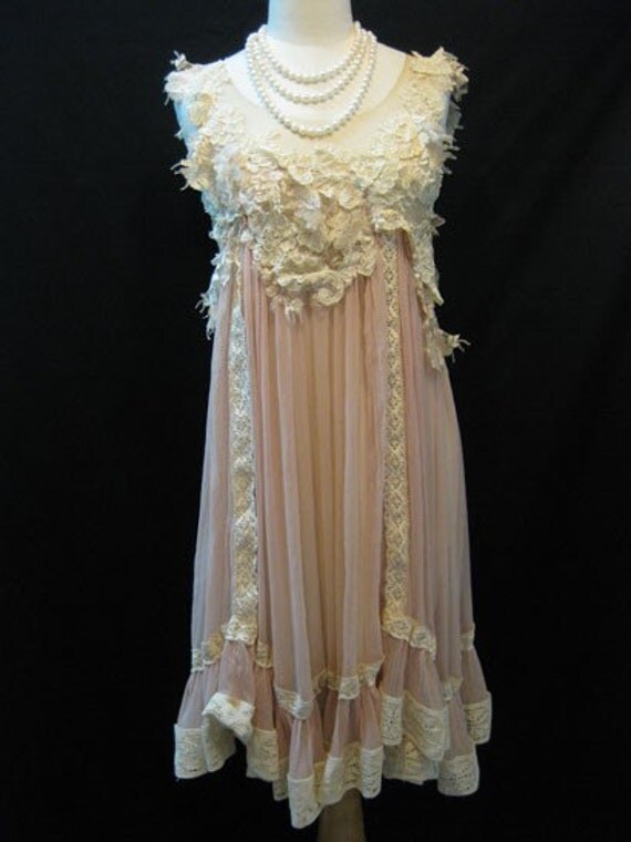 Reserved Listing for Hailey : Custom Made Elegant Hand-Embroidered Ivory Lace with Ivory Chiffon Babydoll Dress