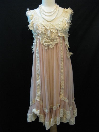 Reserved Listing for Hailey : Custom Made Elegant Hand-Embroidered Ivory Lace with Ivory Chiffon Babydoll Dress