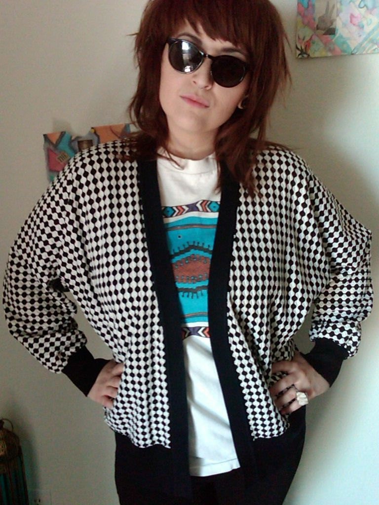 WINTER SALE black and white geometric waves cardigan sweater