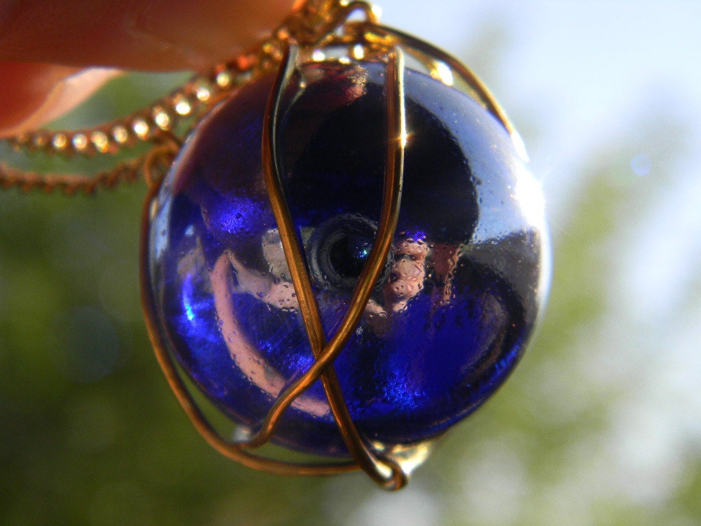 cobalt blue magical sphere pendant necklace handmade