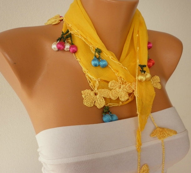 Yellow  Scarf ,Cotton  Cowl Scarf - Shawl with Lace Edge -