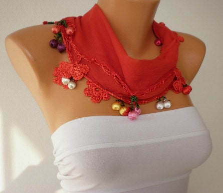 Red  Scarf ,Cotton Scarf  Woman Cowl with Lace Edge
