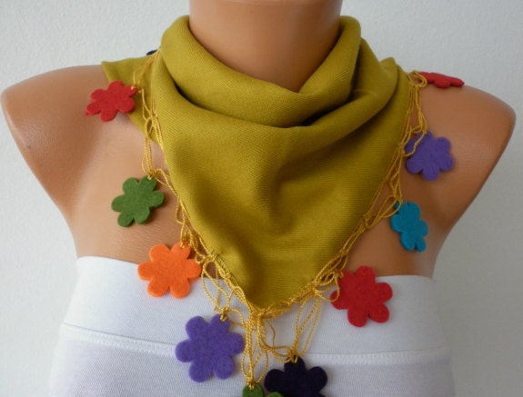 Mustard Scarf   Pashmina  Scarf   Cowl with Lace Edge   -