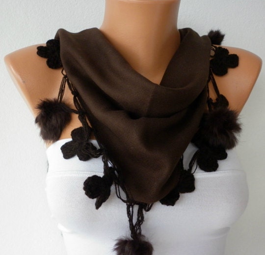 Brown Pashmina  Scarf  - Cotton Scarf -  - Cowl with Lace and Pompom Edge - Brown