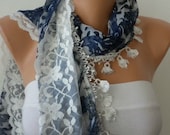 Leopard Print Scarf  -   Cowl with Lace Edge Gray Blue Lace