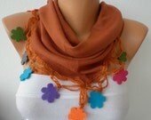 Light Brown Scarf   Pashmina  Scarf   Cowl with Lace Felt Colorful Flower Edge