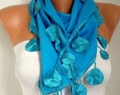 Turquoise Scarf  Pashmina  Scarf  Women Scarf  - Cotton Scarf -- Cowl with Lace  Edge -  blue - fatwoman