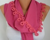 Hot Pink Scarf -  Pashmina  Scarf  - Cotton Scarf -  - Cowl with Lace  Edge - Women fashion - fatwoman