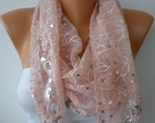 Pink Lace Sequin  Scarf  -  Shawl Cowl Bridesmaid Gifts - fatwoman