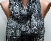 Gray Silvery Scarf -  Cowl with Lace Edge by Fatwoman