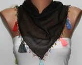 Brown Scarf ,Cotton Scarf  Woman  Cowl with Lace Edge -
