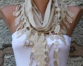 Beige  Scarf  -  Cotton Scarf  -  Cowl with Lace