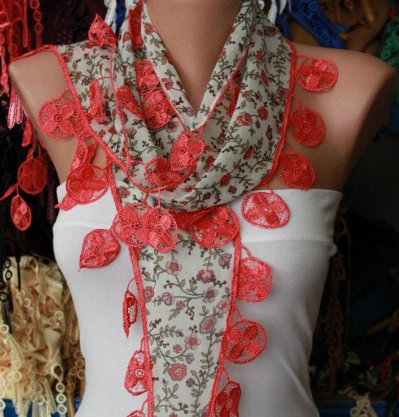 Multicolor Scarf  -  Cotton Scarf - Cowl with  Lace Edge