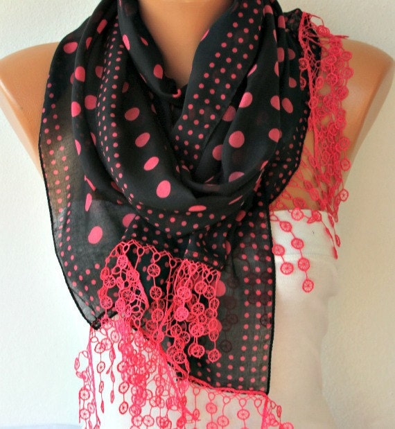 Cotton Scarf - Shawl - Cowl with  Lace Edge  Gift - Polka dot Black Pink - fatwoman
