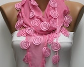 Pink  Scarf  - Cotton  Scarf -  Cowl with Lace Edge   -