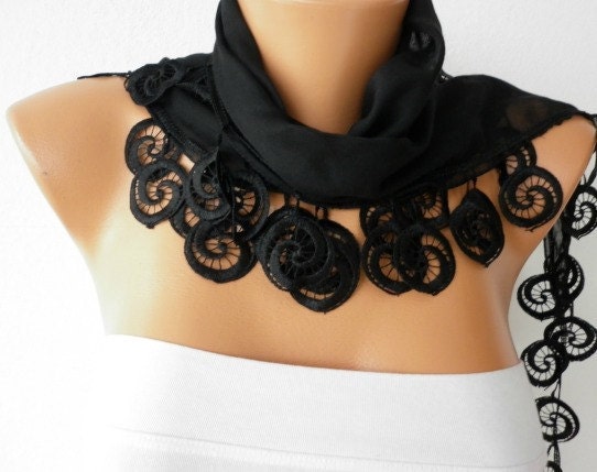 Black  Shawl  - Cotton  Scarf -  Cowl with Lace Edge - fatwoman