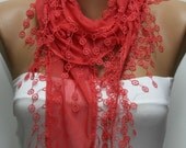 Amaranth Scarf  - Cotton  Scarf - Cowl Scarf - Shawl with Lace Edge   -
