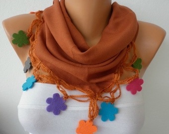 Light Brown Scarf   Pashmina  Scarf   Cowl with Lace Felt Colorful Flower Edge