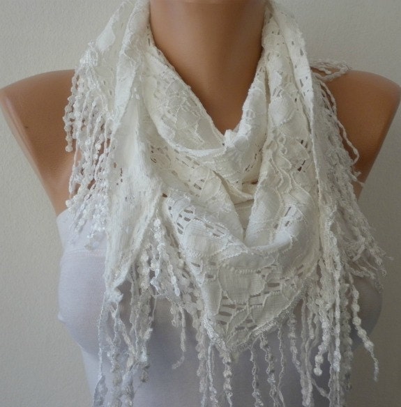 White Scarf - Headband Necklace Cowl with Lace Edge - Creamy white