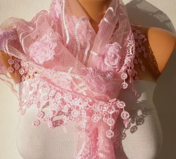 Pink  Scarf  -   Cowl with Lace Edge