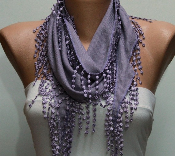 Lilac Scarf   Pashmina Scarf  Headband Necklace Cowl with Lace Edge Gift for Her Valentine