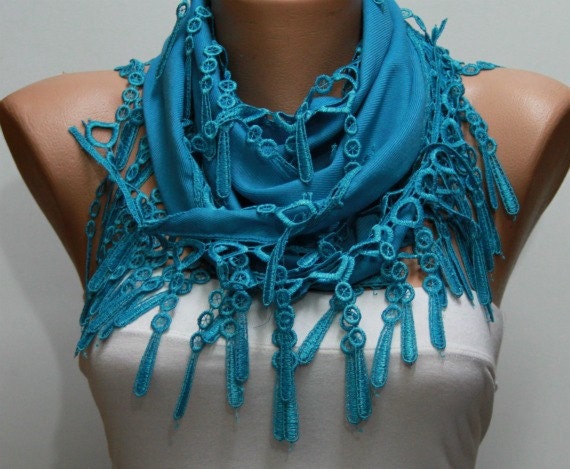 Dodger Blue Scarf - Pashmina Scarf - Headband Necklace Cowl with Lace Edge
