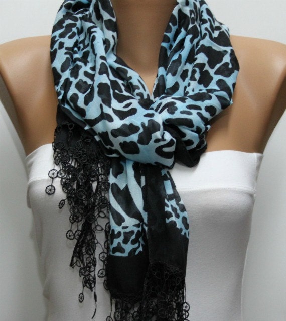 Leopard  Scarf -  Cotton Scarf  Cowl with  Lace Edge