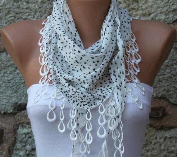 Polka Dot Scarf - Shawl - Cowl with Lace Edge White - fatwoman - Bridesmaids Gifts