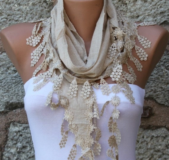 Beige Scarf - Cotton Scarf - Cowl with Lace