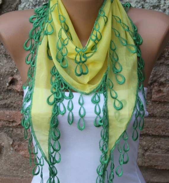 Yellow Scarf - Cotton Scarf - Cowl with Green Lace Edge