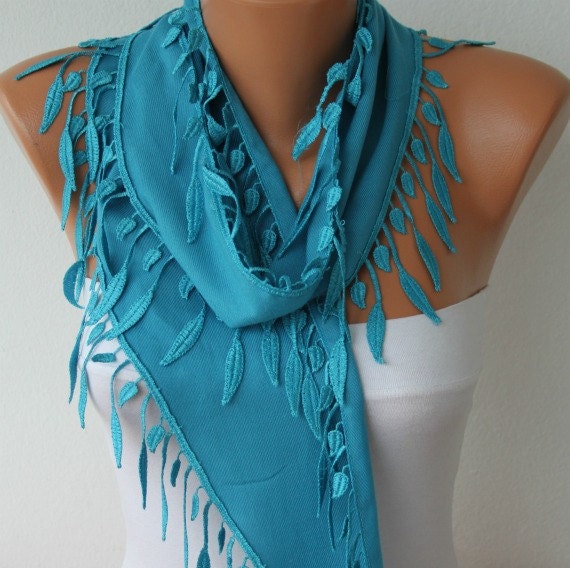 Pashmina Scarf  -  Cowl with Lace Edge - Dodger Blue Scarf