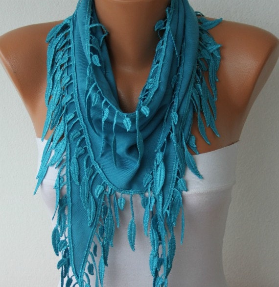 Pashmina Scarf  -  Cowl with Lace Edge - Dodger Blue Scarf