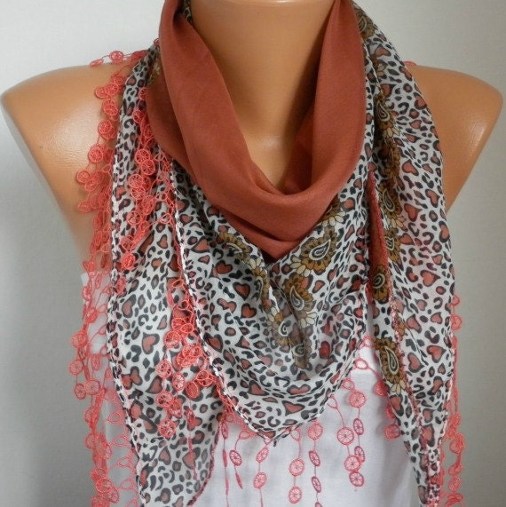 Scarf Shawl - Cotton Weddings Scarves - Cowl with Lace Edge - Burnt Umber