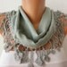 Women Pashmina Scarf - Cotton Scarf - - Cowl with Lace Edge - Light Green