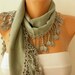 Women Pashmina Scarf - Cotton Scarf - - Cowl with Lace Edge - Light Green