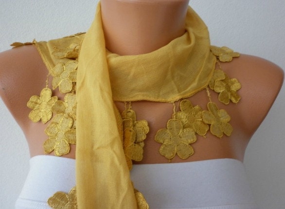 Mustard Scarf - Cotton Scarf - Cowl Scarf - Shawl with Lace Edge - fatwoman